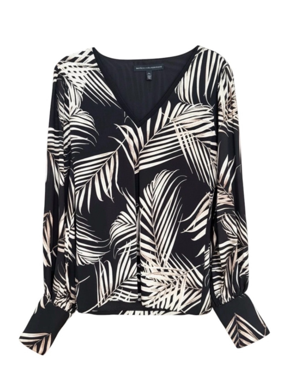 White House Black Market Black Blouse with Cream Palm Print